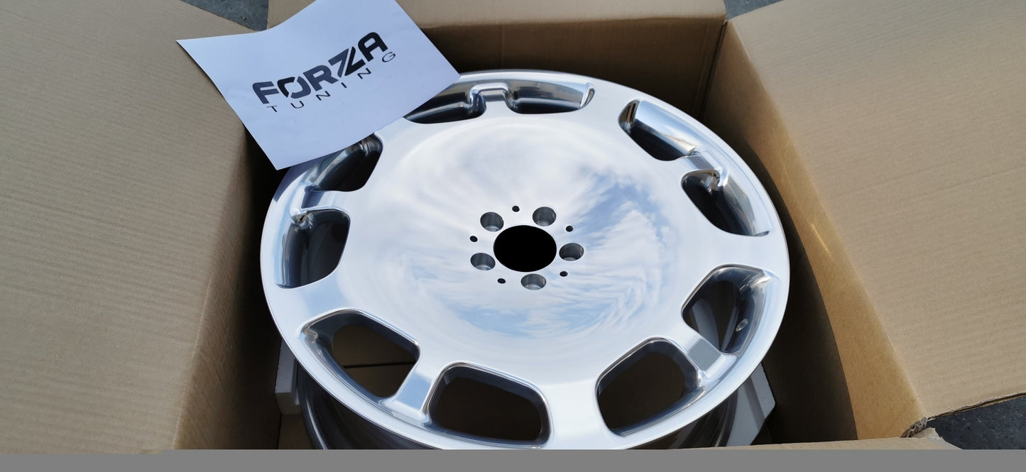 We produced premium quality forged wheels rims for MERCEDES BENZ S CLASS MAYBACH W222 Our wheels sizes: Front 22 x 9 ET 31 Rear 22 x 10 ET 35 Finishing: Chrome Forged wheels can be produced in any wheel specs by your inquiries and we can provide our specs