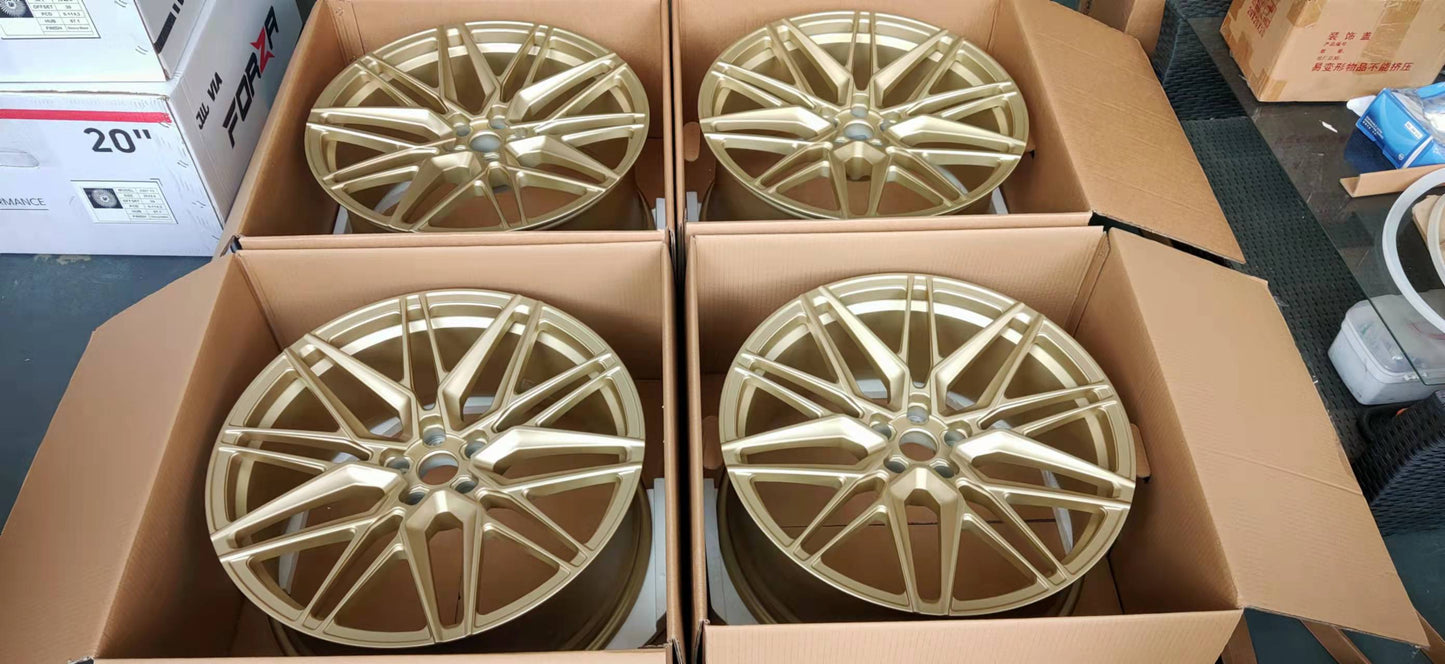 We produced premium quality forged wheels rims for BMW 7 SERIES G12 Our wheels sizes: Front 21 x 9 ET 25 Rear 21 x 10.5 ET 35 Finishing: Frozen Gold Forged wheels can be produced in any wheel specs by your inquiries and we can provide our specs