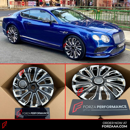 We produced premium quality forged wheels rims for BENTLEY CONTINENTAL GT Our wheels sizes: Front 21 x 9.5 ET 35 Rear 21 x 9.5 ET 35 Finishing: Black Diamond Forged wheels can be produced in any wheel specs by your inquiries and we can provide our specs