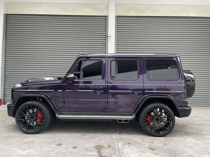 BRABUS MONOBLOCK WHEELS We produced premium quality forged wheels rims for  MERCEDES BENZ G CLASS G63 G500  Our wheels sizes:   Front 24 x 10 ET 20  Rear 24 x 10 ET 20  Finishing: Glossy Black  Forged wheels can be produced in any wheel specs by your inquiries and we can provide our specs