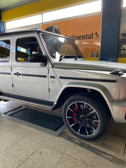 BRABUS MONOBLOCK Z We produced premium quality forged wheels rims for  MERCEDES BENZ G CLASS G63 G500  Our wheels sizes:   Front 24 x 10 ET 20  Rear 24 x 10 ET 20  Finishing: Glossy Black  Forged wheels can be produced in any wheel specs by your inquiries and we can provide our specs