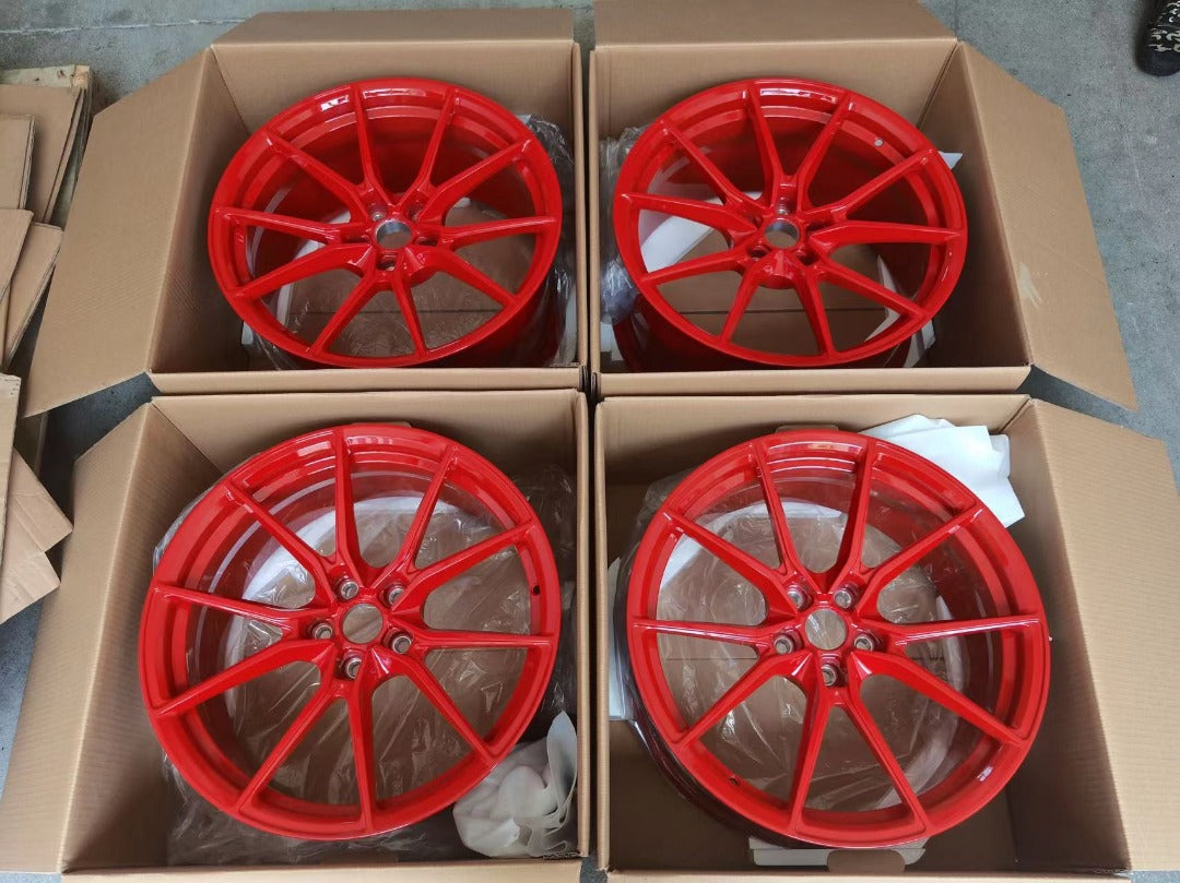 We produced premium quality forged wheels rims for  BMW 3 SERIES G20  Our wheels sizes:   Front 19 x 8.5 ET 25  Rear 19 x 9.5 ET 35  Finishing: Candy Red  Forged wheels can be produced in any wheel specs by your inquiries and we can provide our specs