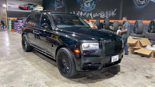 We produced premium quality forged wheels rims for  ROLLS ROYCE CULLINAN  Our wheels sizes:   Front 24 x 10 ET 20  Rear 24 x 10 ET 20  Finishing: Glossy Black  Forged wheels can be produced in any wheel specs by your inquiries and we can provide our specs