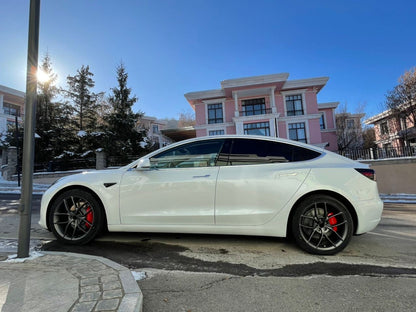 We produced premium quality forged wheels rims for  TESLA MODEL 3  Our wheels sizes:   Front 20 x 9 ET 34  Rear 20 x 9 ET 34  Finishing: Glossy Black  Forged wheels can be produced in any wheel specs by your inquiries and we can provide our specs