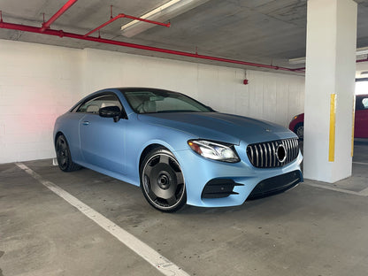 AMG GT OEM WHEELS We produced premium quality forged wheels rims for  MERCEDES BENZ E CLASS E450 COUPE C238  Our wheels sizes:   Front 20 x 8 ET 43  Rear 20 x 9 ET 49  Finishing: Matt Black  Forged wheels can be produced in any wheel specs by your inquiries and we can provide our specs