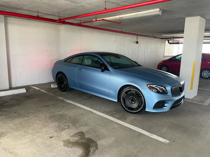 AMG GT OEM WHEELS We produced premium quality forged wheels rims for  MERCEDES BENZ E CLASS E450 COUPE C238  Our wheels sizes:   Front 20 x 8 ET 43  Rear 20 x 9 ET 49  Finishing: Matt Black  Forged wheels can be produced in any wheel specs by your inquiries and we can provide our specs