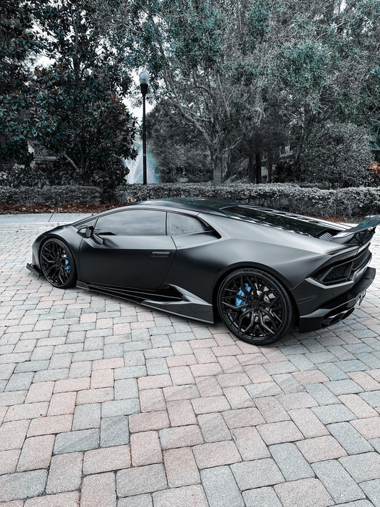 We produced premium quality forged wheels rims for  LAMBORGHINI HURACAN  Our wheels sizes:  Front 20 x 9 ET 30  Rear 21 x 12 ET 35  Finishing: Brushed Black  Forged wheels can be produced in any wheel specs by your inquiries and we can provide our specs